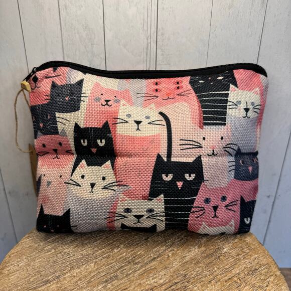 Pink Cats Makeup Bag Pastel Black Cat Lover Cosmetics Bag Canvas Bag NEW - Picture 2 of 6